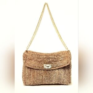 Covertible raffia shoulder/crossbody purse with gold chain